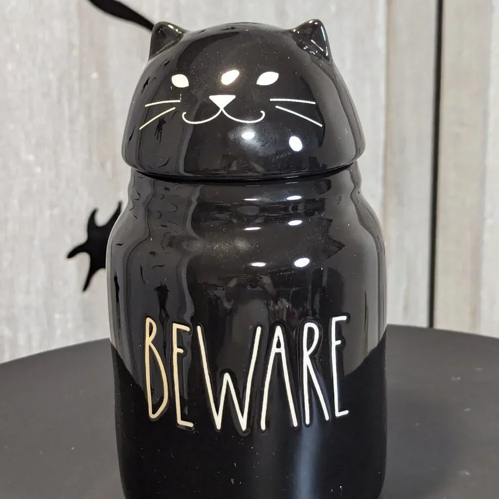 new RAE DUNN 7in Beware Cat Canister With Lid Halloween decor snack jar